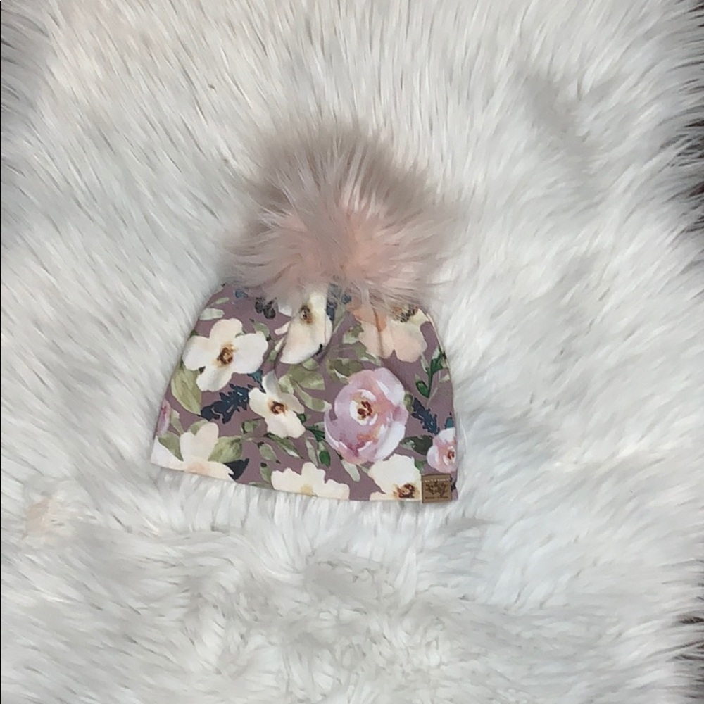 Baby lavender Floral Fur Pom Beanie
